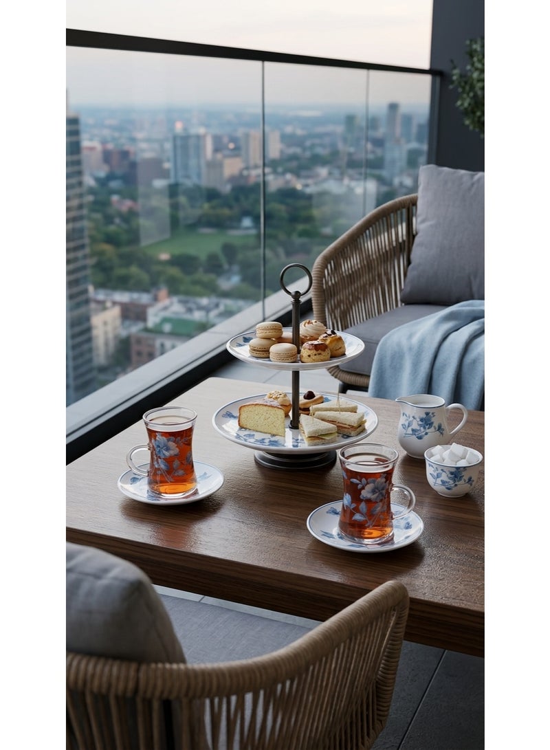 White & Blue Decorative Hospitality Set – Glass Cups, Ceramic Coffee Cups and Plates – 36 Pcs - Image 5