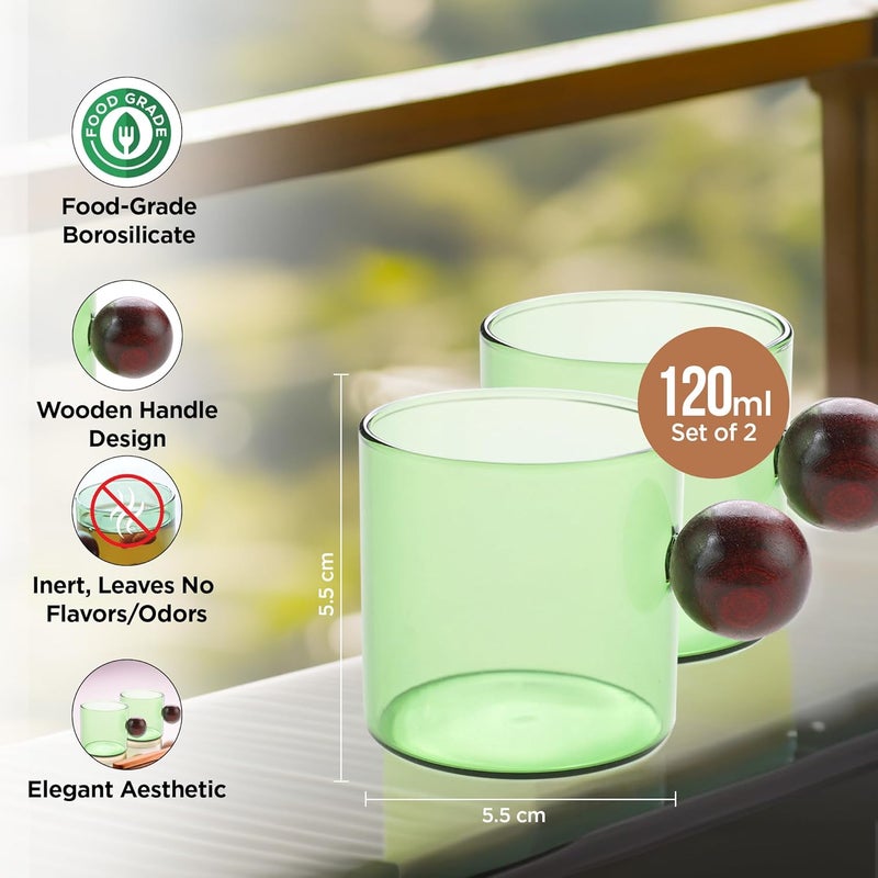 UMAI Borosilicate Glass Coffee Mug with Wooden Handle Tea Cups Set of 2 120ml Each High Heat Resistance Microwave and Dishwasher Safe Ideal Gifts for FriendsFamilyCouples Green - Image 3
