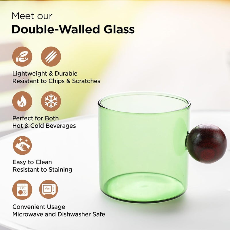 UMAI Borosilicate Glass Coffee Mug with Wooden Handle Tea Cups Set of 2 120ml Each High Heat Resistance Microwave and Dishwasher Safe Ideal Gifts for FriendsFamilyCouples Green - Image 2