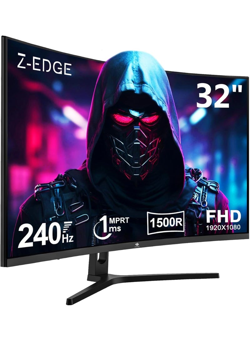 Z-EDGE 32-inch Curved Gaming Monitor - 16:9 Full HD 1920x1080, 240Hz High Refresh Rate, 1ms Ultra - Fast Response Time, Frameless, AMD FreeSync Premium - DisplayPort & HDMI Ports - Image 1