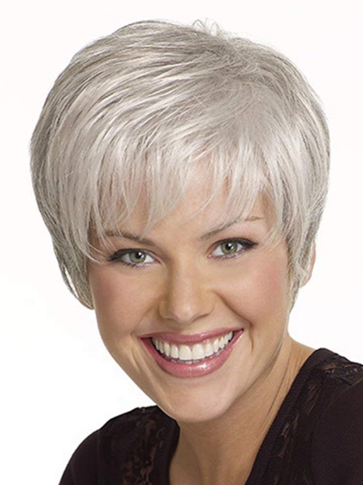 EMMOR Short Silver Grey Human Hair Blend Synthetic Fiber Wigs for WomenNatural Pixie Cut Wig With Bang Light WeightLong LifeReady To WearDaily Use Color 101