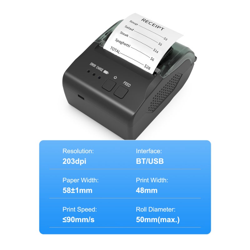 Mini BT Thermal Receipt Printer 58mm 48mm 203DPI Wireless POS Mobile Printer - Ink Free USB Type-C 2000mAh for Restaurant Shop Post Receipt Barcode Printing - Image 5