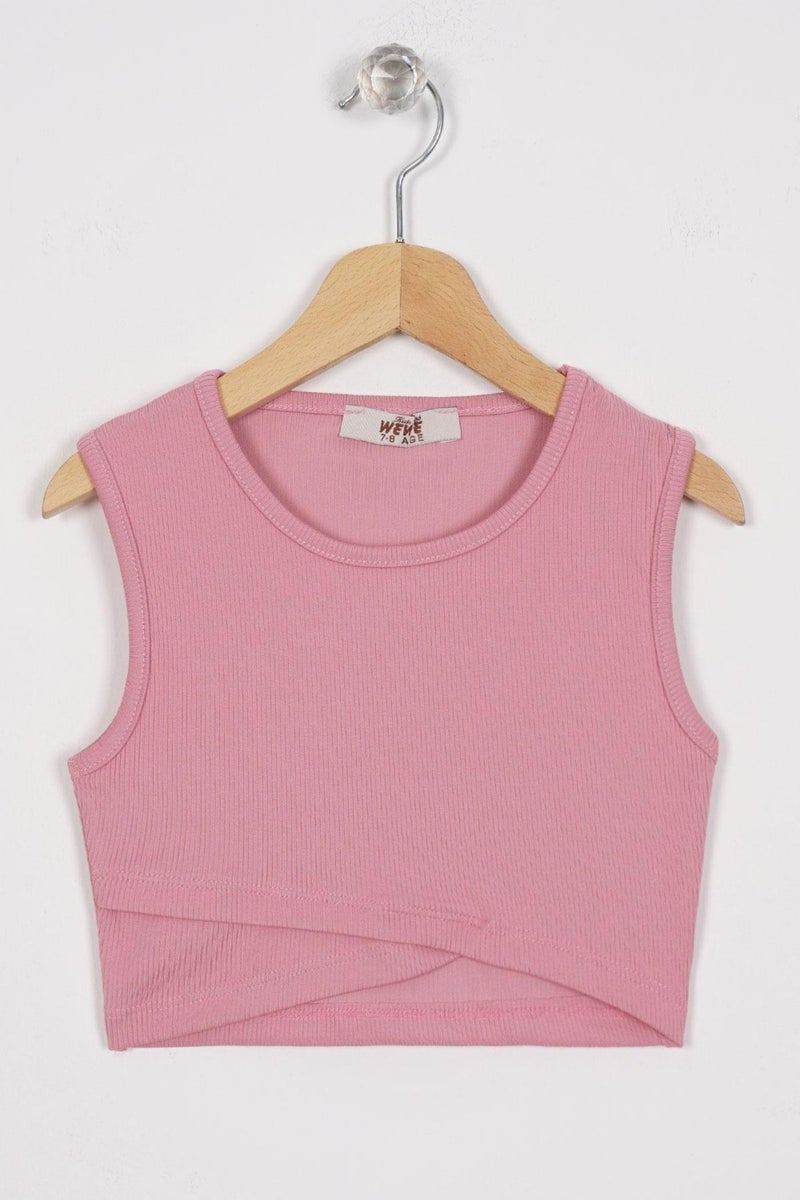 Zepkids Crew Neck Zero Sleeve Cross Waist Detailed Dusty Rose Color Girl T-shirt  - Image 1