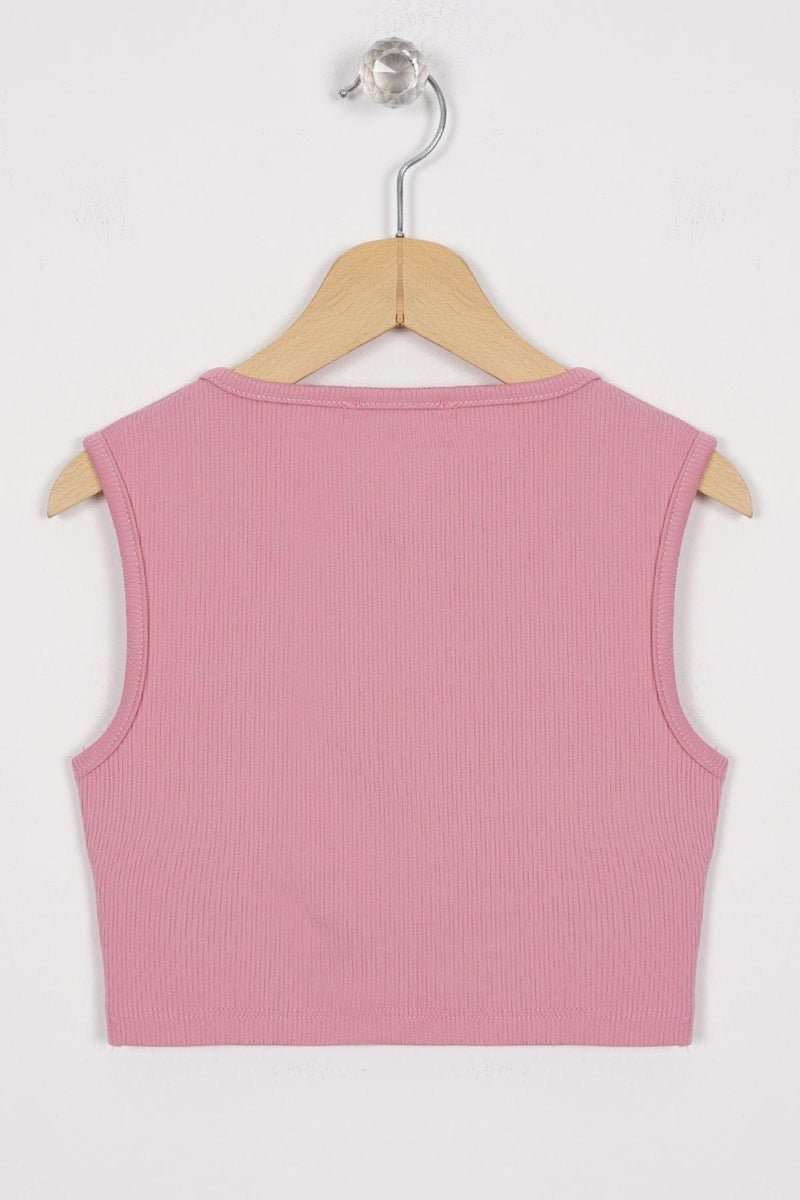 Zepkids Crew Neck Zero Sleeve Cross Waist Detailed Dusty Rose Color Girl T-shirt  - Image 3