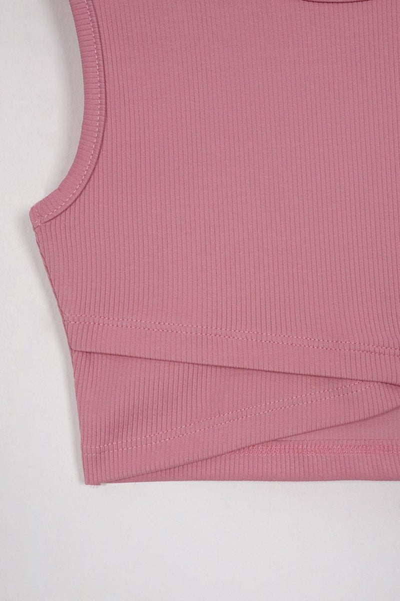 Zepkids Crew Neck Zero Sleeve Cross Waist Detailed Dusty Rose Color Girl T-shirt  - Image 2