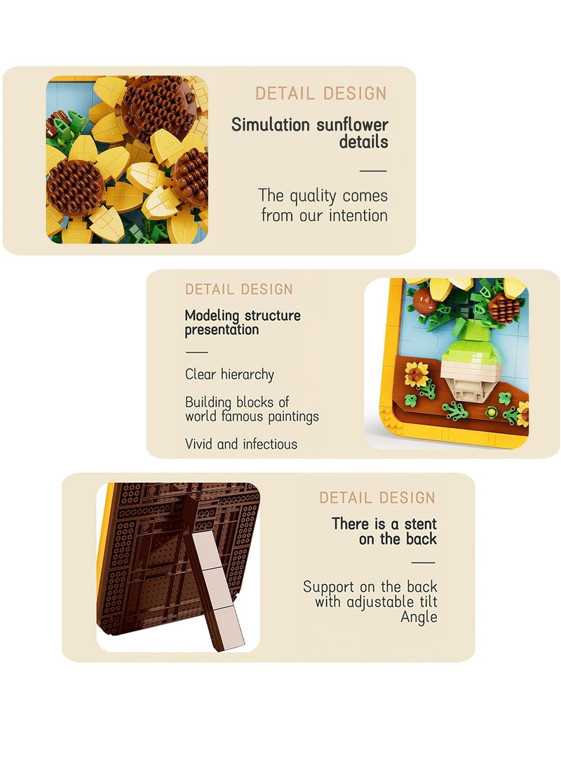Vincent Van Gogh Sunflower Painting Building Block Kit, 871 Pieces, 3D Famous Art Micro Mini Set for Adults, Home Decor Model Toy, Not Compatible with Lego - Image 5