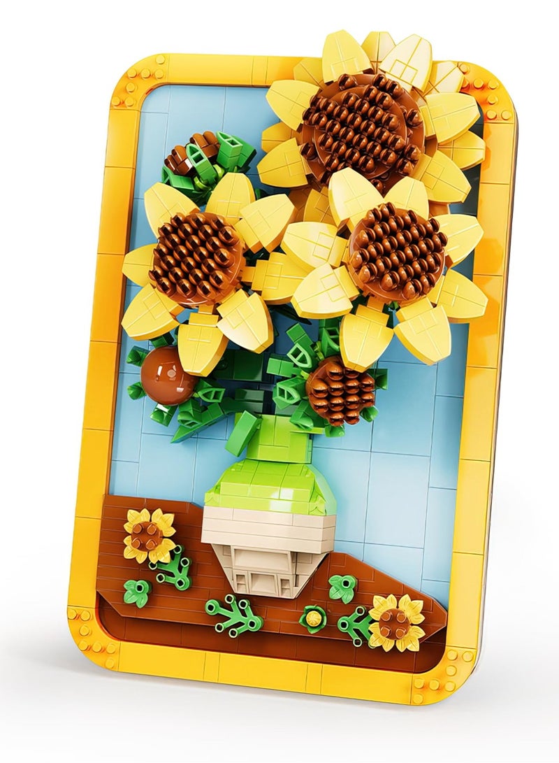 Vincent Van Gogh Sunflower Painting Building Block Kit, 871 Pieces, 3D Famous Art Micro Mini Set for Adults, Home Decor Model Toy, Not Compatible with Lego - Image 1