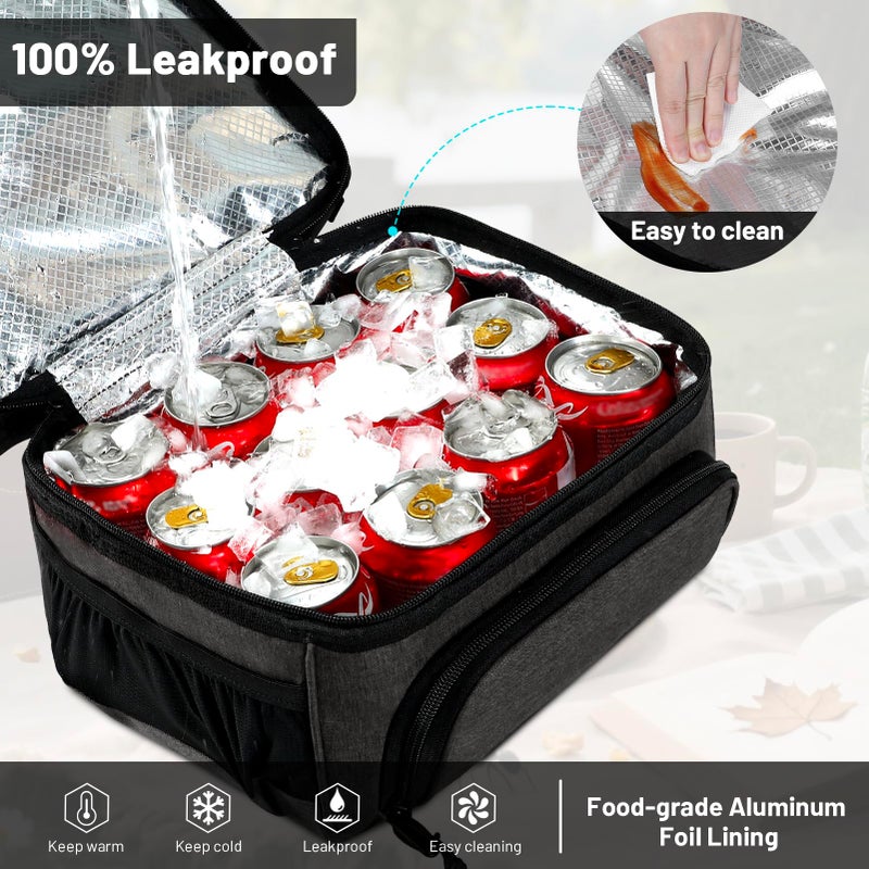 MIER Dual Compartment Lunch Bag Tote with Shoulder Strap for Men and Women Insulated Leakproof Cooler Bag, Dark Grey - Image 5