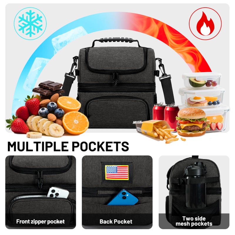 MIER Dual Compartment Lunch Bag Tote with Shoulder Strap for Men and Women Insulated Leakproof Cooler Bag, Dark Grey - Image 3