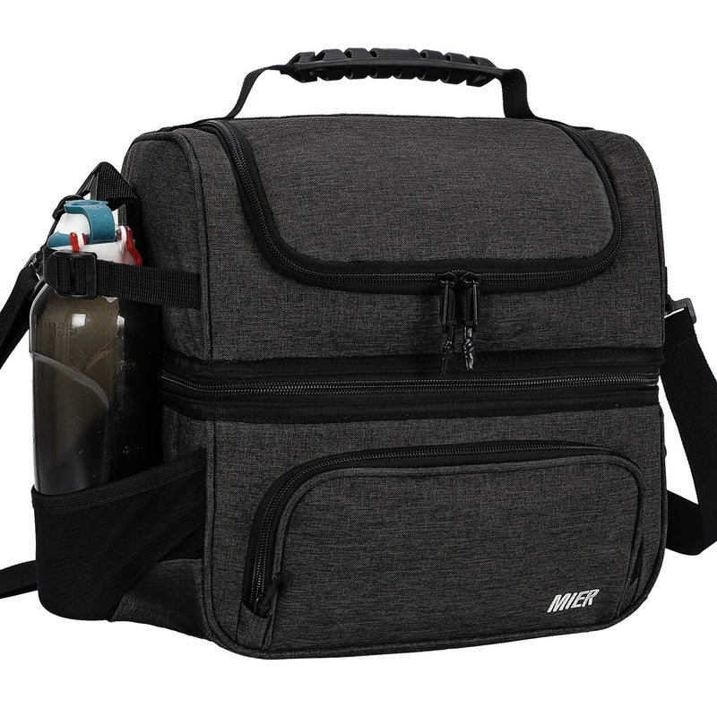 MIER Dual Compartment Lunch Bag Tote with Shoulder Strap for Men and Women Insulated Leakproof Cooler Bag, Dark Grey - Image 1