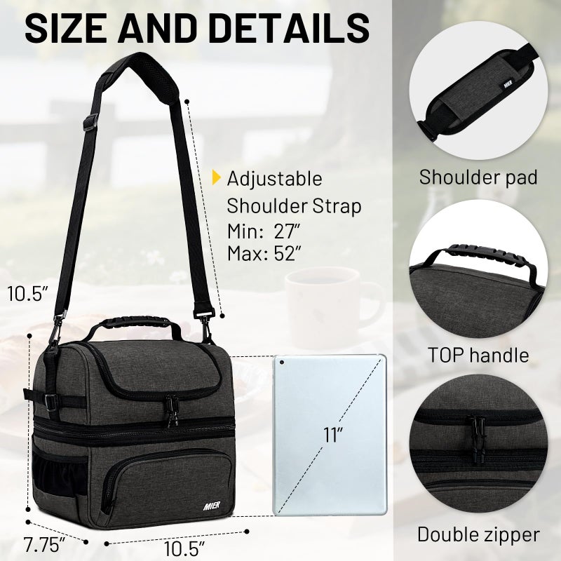 MIER Dual Compartment Lunch Bag Tote with Shoulder Strap for Men and Women Insulated Leakproof Cooler Bag, Dark Grey - Image 4