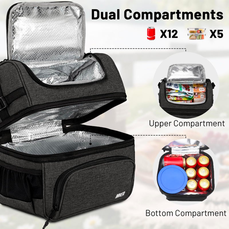 MIER Dual Compartment Lunch Bag Tote with Shoulder Strap for Men and Women Insulated Leakproof Cooler Bag, Dark Grey - Image 2