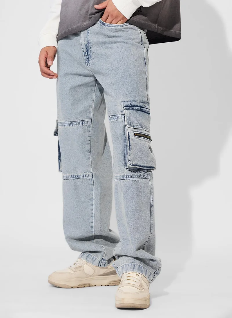 The Souled Store Men Denims Arctic Solid Oversized Cargo Jeans