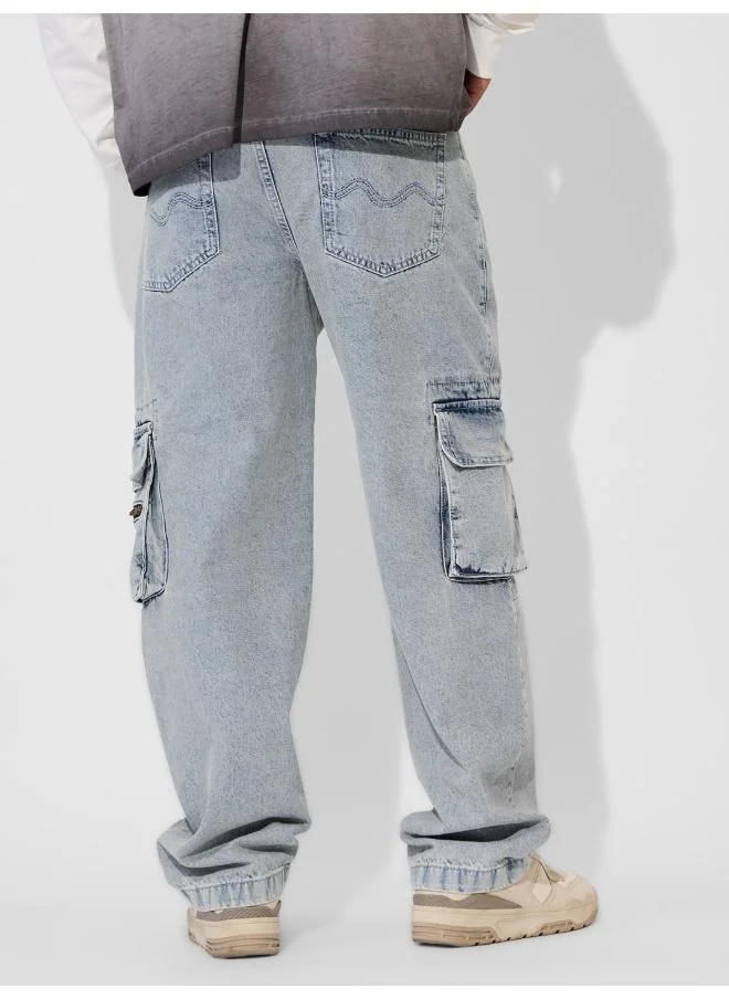 The Souled Store Light Blue The Souled Store Men Arctic Solid Baggy Cargo Denims for Men | Best Price UAE