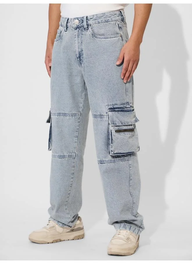 The Souled Store Light Blue The Souled Store Men Arctic Solid Baggy Cargo Denims for Men | Best Price UAE