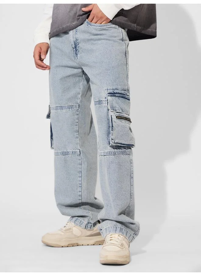 The Souled Store Men Arctic Solid Baggy Cargo Denims