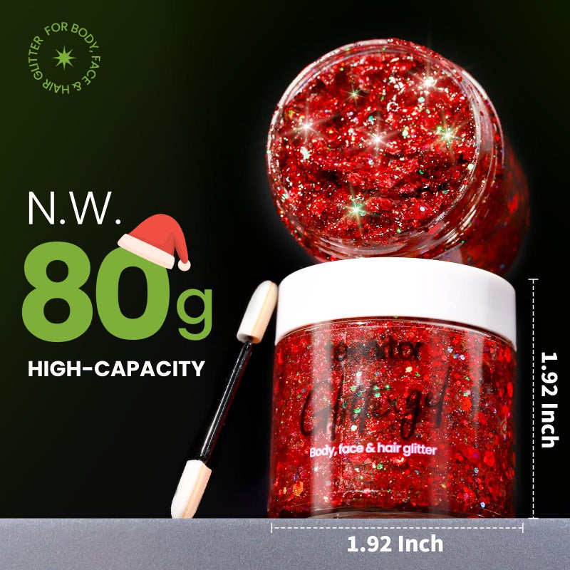 Teenitor Body Glitter, Red Body Glitter Gel, Hair Glitter, Face Glitter, 80g/2.8oz Red Glitter Gel for Face, Makeup, Hair, Eye - Image 2