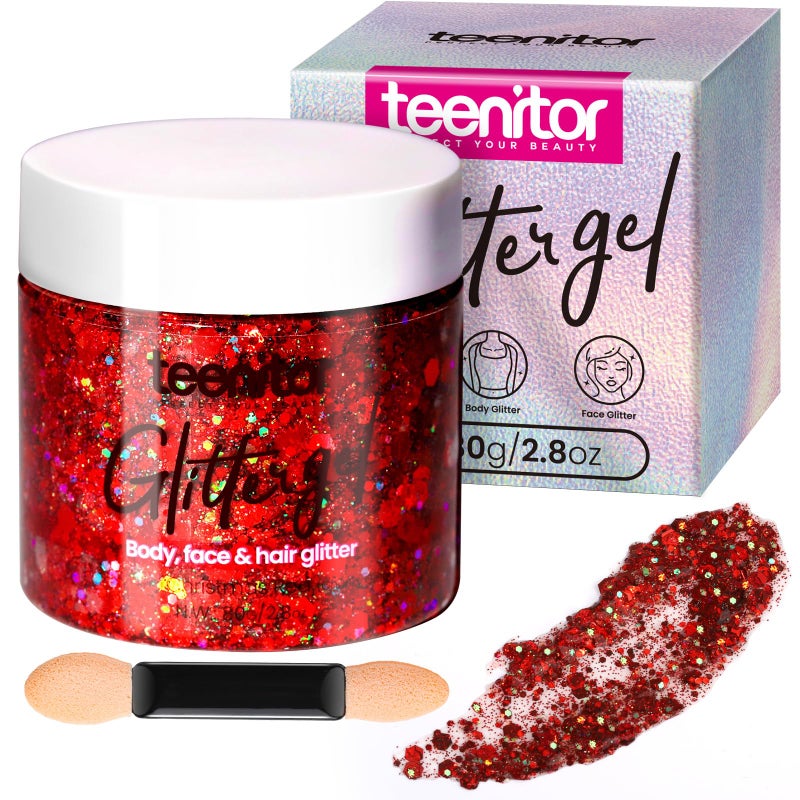Teenitor Body Glitter, Red Body Glitter Gel, Hair Glitter, Face Glitter, 80g/2.8oz Red Glitter Gel for Face, Makeup, Hair, Eye - Image 1