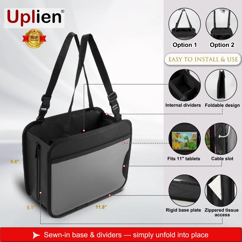 Uplien Car Organizer Bag for Back Seat Front Seat or Between Seats Premium PU Leather Hanging Storage Caddy with Tablet Holder Tissue Box Cup Bottle Holders Mesh Pockets for Kids Adults - Image 3
