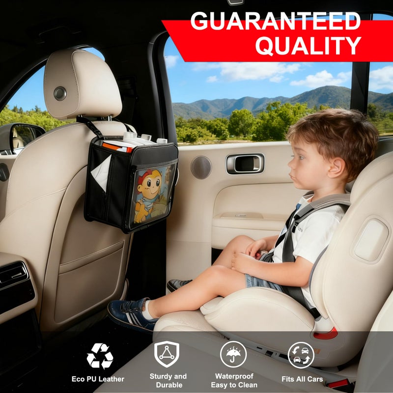 Uplien Car Organizer Bag for Back Seat Front Seat or Between Seats Premium PU Leather Hanging Storage Caddy with Tablet Holder Tissue Box Cup Bottle Holders Mesh Pockets for Kids Adults - Image 2