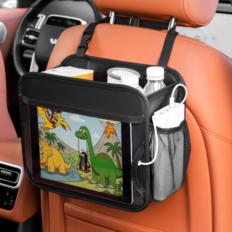 Uplien Car Organizer Bag for Back Seat Front Seat or Between Seats Premium PU Leather Hanging Storage Caddy with Tablet Holder Tissue Box Cup Bottle Holders Mesh Pockets for Kids Adults - Image 1