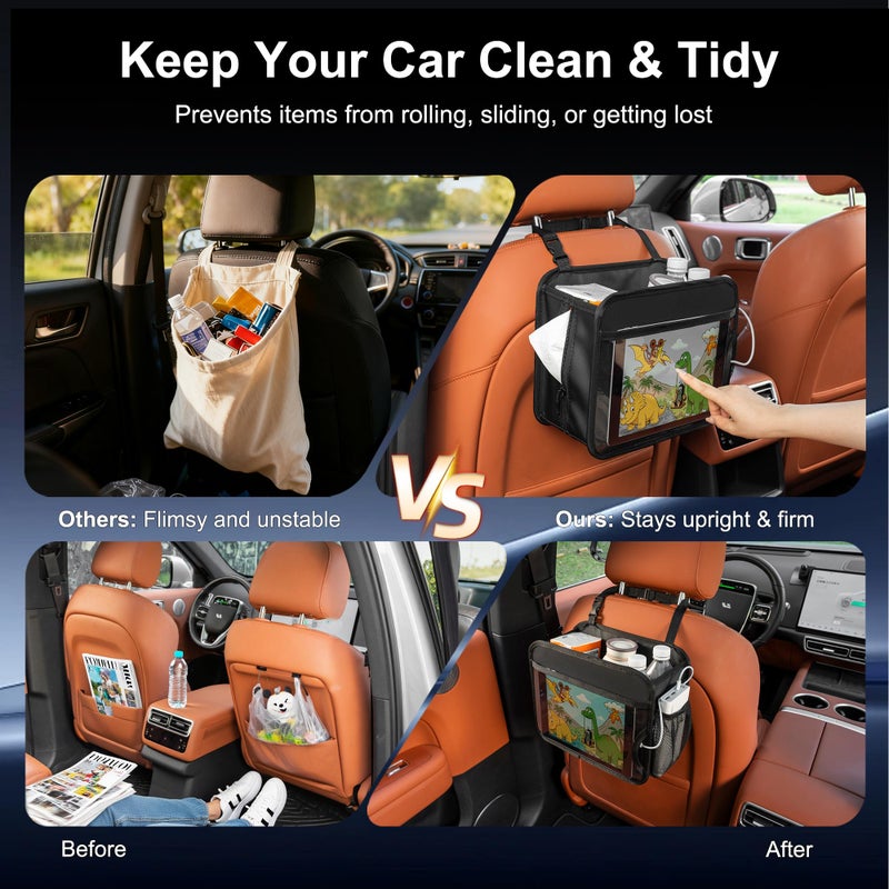 Uplien Car Organizer Bag for Back Seat Front Seat or Between Seats Premium PU Leather Hanging Storage Caddy with Tablet Holder Tissue Box Cup Bottle Holders Mesh Pockets for Kids Adults - Image 5