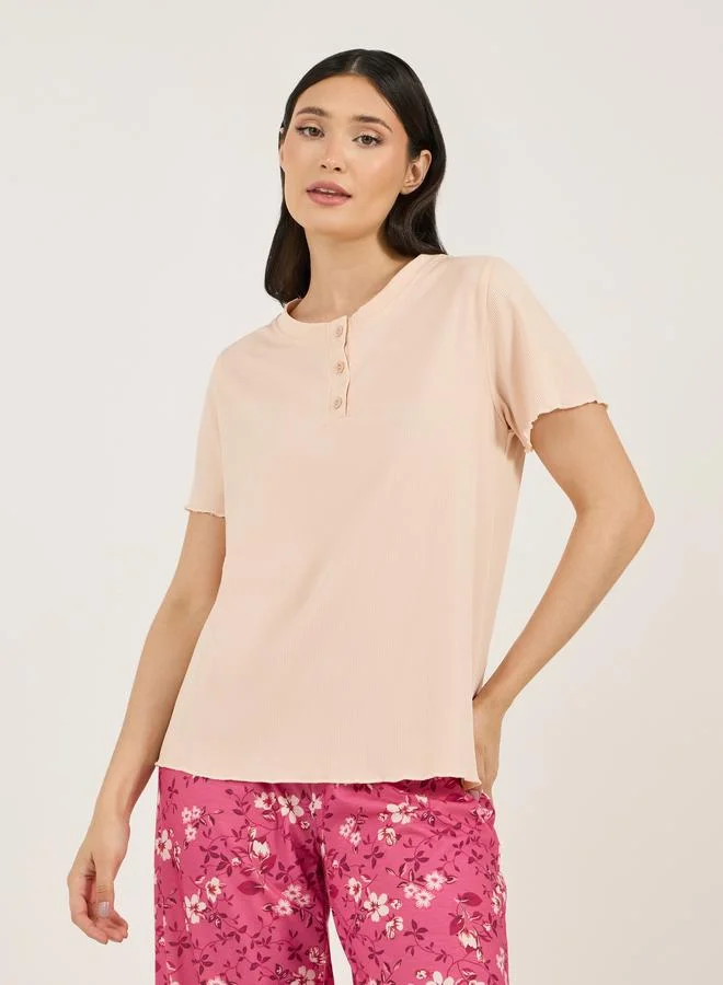 Styli Styli Rib Placket T-Shirt and Ditsy Floral Print Pyjama Set