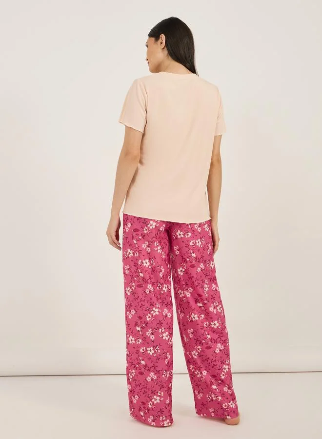 Styli Styli Rib Placket T-Shirt and Ditsy Floral Print Pyjama Set