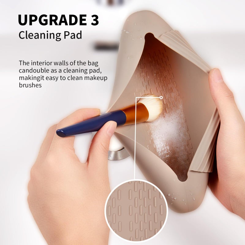 AGIKET Silicone Makeup Brush Holder Travel Cosmetic Bagï¼šSoft Portable Cosmetic Face Brushes Holder with Upgrade Anti-Fall Out Magnetic Closure, Large Travel Makeup Brush Case - Walnut - Image 4