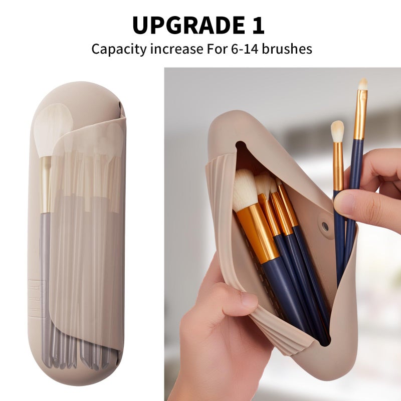 AGIKET Silicone Makeup Brush Holder Travel Cosmetic Bagï¼šSoft Portable Cosmetic Face Brushes Holder with Upgrade Anti-Fall Out Magnetic Closure, Large Travel Makeup Brush Case - Walnut - Image 2