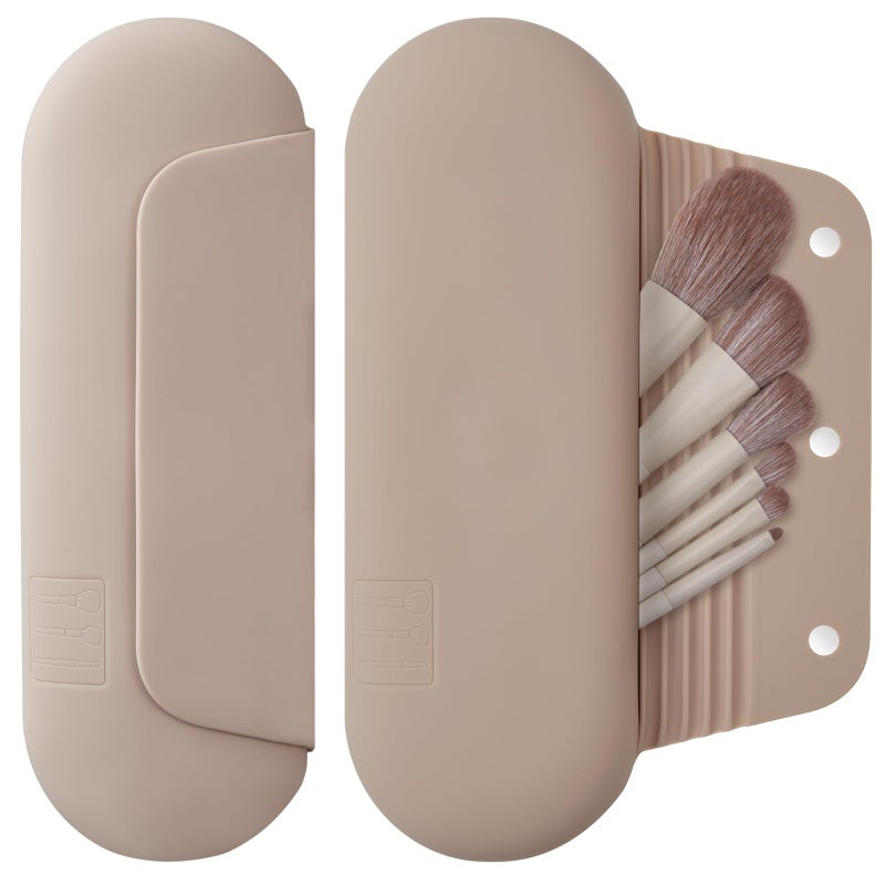 AGIKET Silicone Makeup Brush Holder Travel Cosmetic Bagï¼šSoft Portable Cosmetic Face Brushes Holder with Upgrade Anti-Fall Out Magnetic Closure, Large Travel Makeup Brush Case - Walnut - Image 1