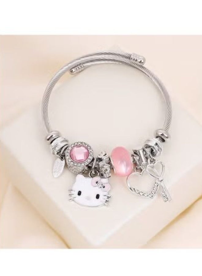 Hello Kitty Charm Bracelet: Pink Crystal & Heart Accent Silver-Tone Cable Bangle