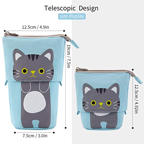 EASTHILL Cartoon Cute Cat Pencil Pouch Canvas Pen Bag Standing Stationery Case Holder Box for Student (Blue) - Image 2