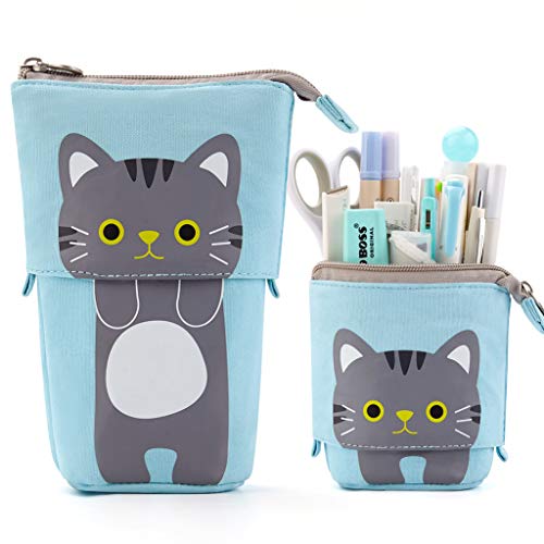 EASTHILL Cartoon Cute Cat Pencil Pouch Canvas Pen Bag Standing Stationery Case Holder Box for Student (Blue) - Image 1