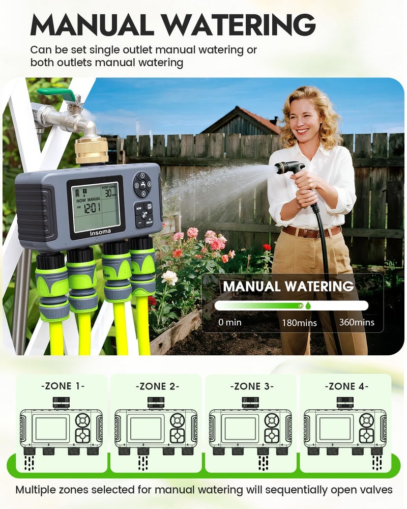 Insoma 4-Zone Water Timer with Brass Inlet, Automatic Garden Hose Timer with Manual/Rain Delay & Large Display, IPX5 Waterproof Faucet Timers for Sprinkler System, Yard, Lawn, Greenhouse - Image 4