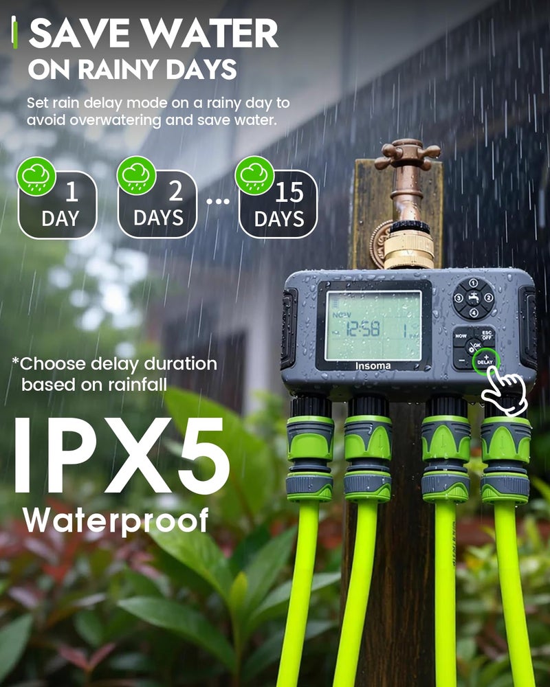Insoma 4-Zone Water Timer with Brass Inlet, Automatic Garden Hose Timer with Manual/Rain Delay & Large Display, IPX5 Waterproof Faucet Timers for Sprinkler System, Yard, Lawn, Greenhouse - Image 5