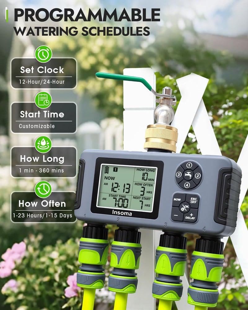 Insoma 4-Zone Water Timer with Brass Inlet, Automatic Garden Hose Timer with Manual/Rain Delay & Large Display, IPX5 Waterproof Faucet Timers for Sprinkler System, Yard, Lawn, Greenhouse - Image 3