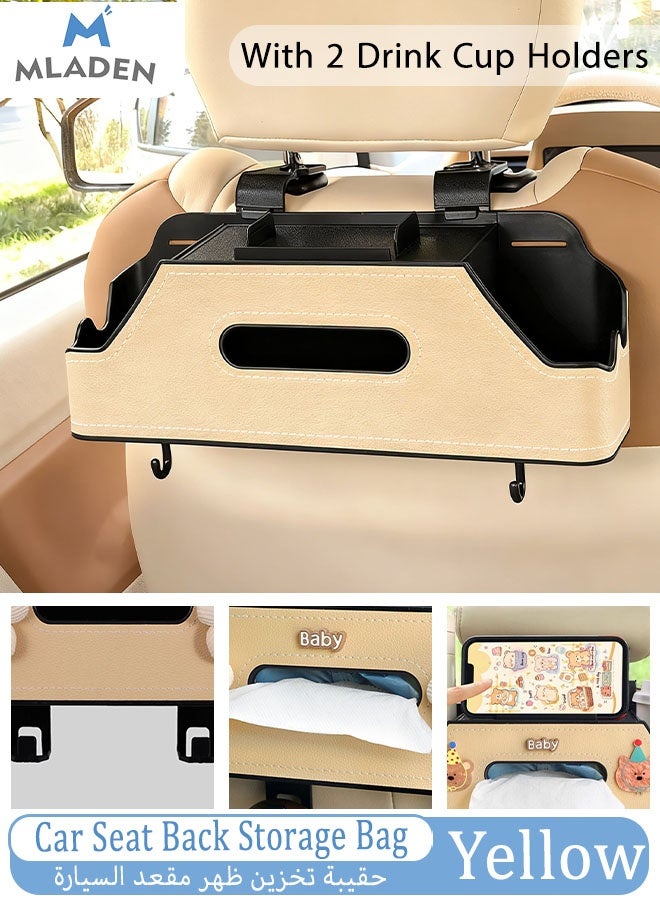 MLADEN Car Back Seat Organizer Car Seat Back Tissue Box and Storage Hook Multifunctional Car Organizer for Hold Phone, Drinks, Handbag, Compatible with Most Vehicles (Yellow) - Image 1