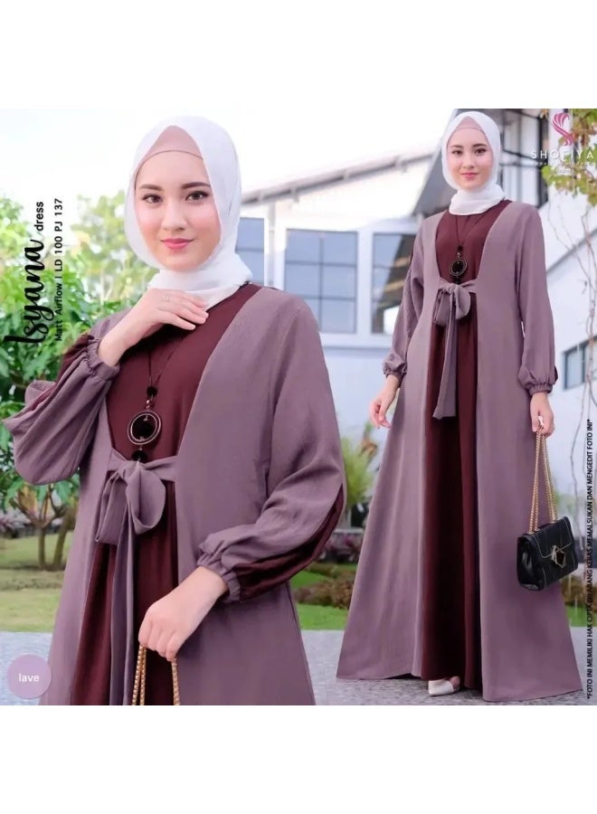 Cross-border Women's Middle East Women's Dress Color-block Lace-up Pullover Long Sleeve Dress  - Image 2