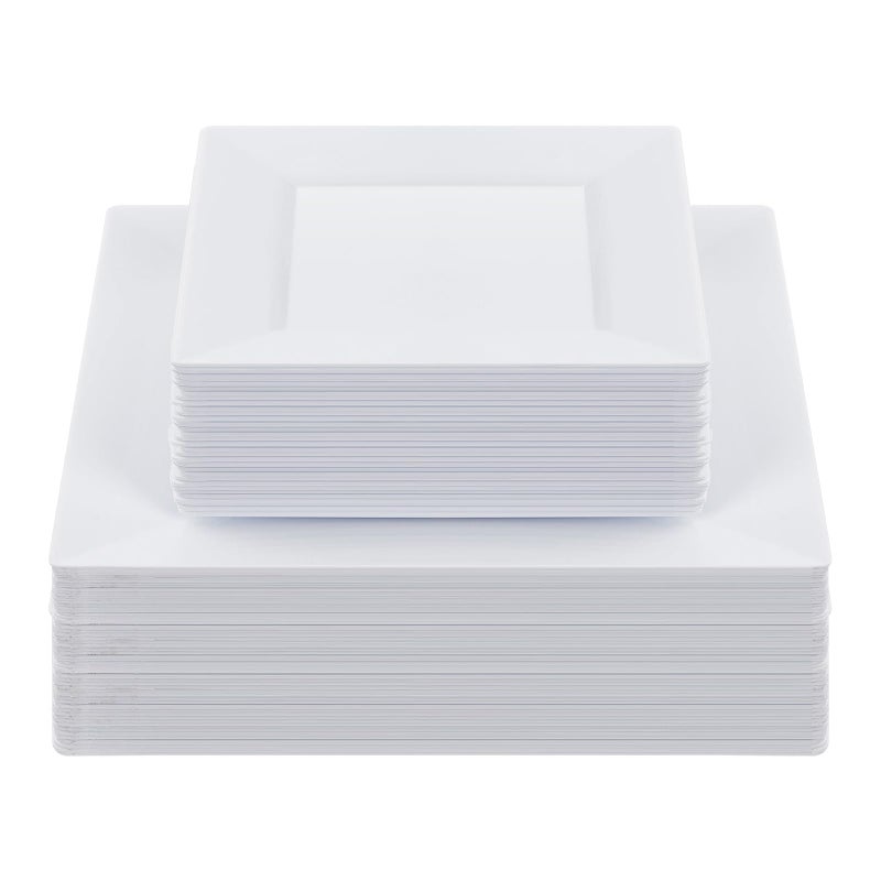 Goodluck 60 Pack Disposable Square Plastic Plates - Heavy Duty Dinner (9.5") & Dessert (6.5") Plates - Fancy for Wedding, Holiday, Birthday - White - Image 1