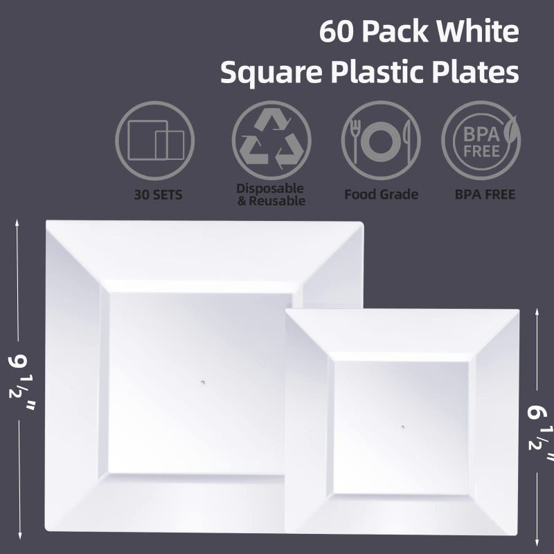 Goodluck 60 Pack Disposable Square Plastic Plates - Heavy Duty Dinner (9.5") & Dessert (6.5") Plates - Fancy for Wedding, Holiday, Birthday - White - Image 3