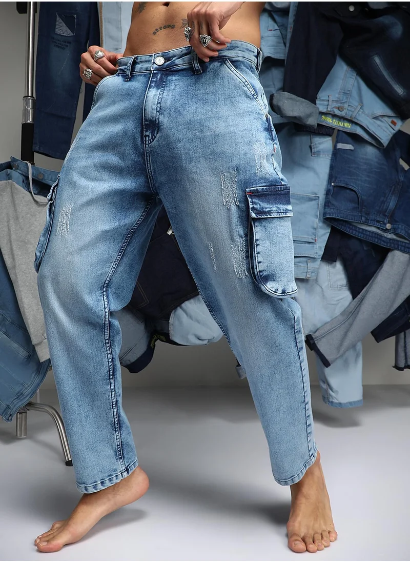 Campus Sutra Men's Indigo Blue Straight-Fit Utility Denim Jeans