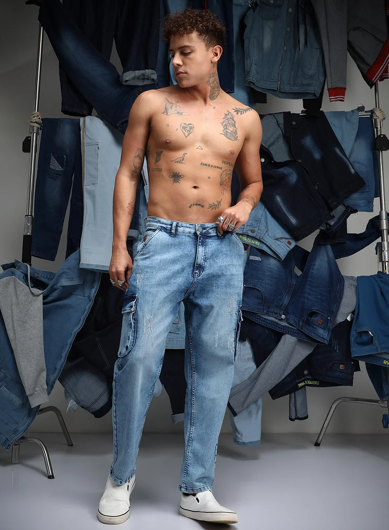 Campus Sutra Men's Indigo Blue Straight-Fit Utility Denim Jeans