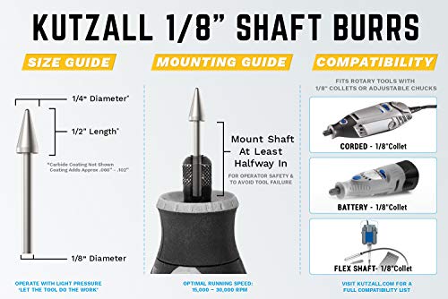 Kutzall Extreme Taper Rotary Burr, 1⁄8" Shaft, Very Coarse - Wood Carving Bit for Dremel, Foredom, DeWalt, Milwaukee. Abrasive Tungsten Carbide, 1⁄4" (6.3mm) Dia. X 1⁄2" (12.7mm) Length TX-14-EC - Image 3