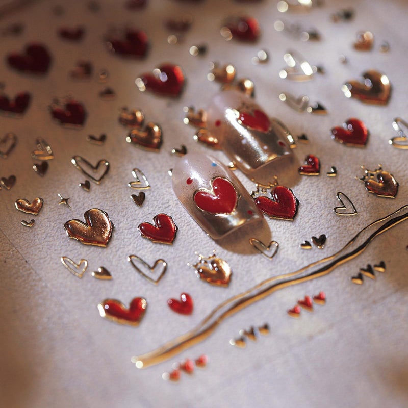 Sevgob 5D Embossed Heart Nail Stickers for Nail Art Red Nail Art Stickers Valentines Day Nail Decals Self-Adhesive Love Sticker Valentineâ€™s Day Gold Hearts Nail Supplies for Women Girls DIY Manicure - Image 1