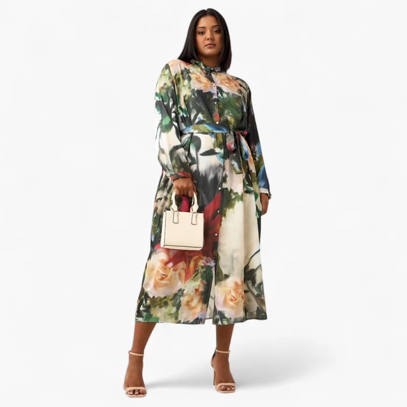  أولا بوبكن Plus Size Ulla Popken All-Over Floral Print Shirt Dress with Tie-Up Belt