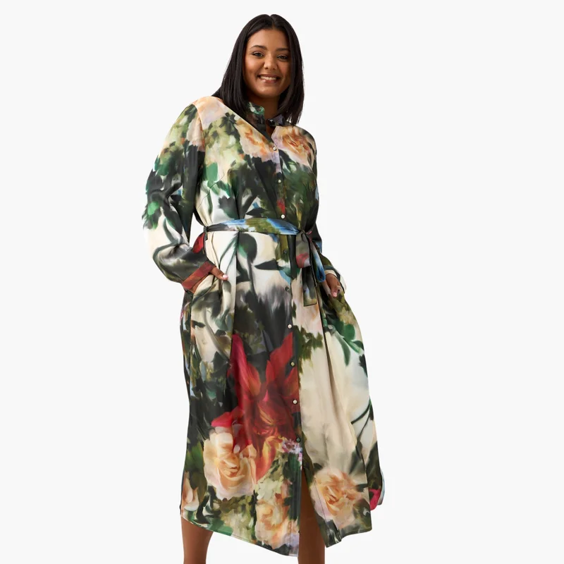  أولا بوبكن Plus Size Ulla Popken All-Over Floral Print Shirt Dress with Tie-Up Belt