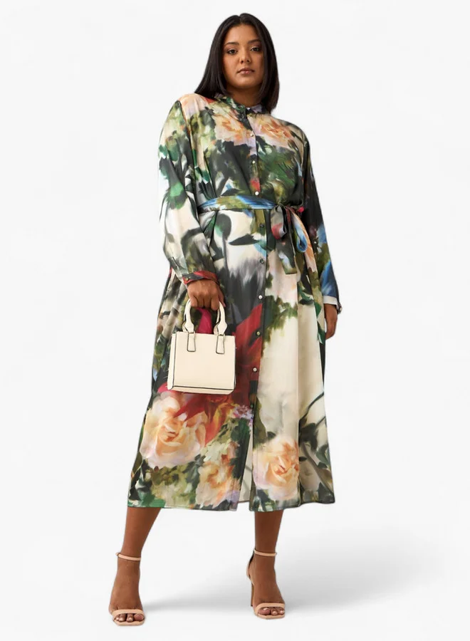Ulla Popken Plus Size Ulla Popken All-Over Floral Print Shirt Dress with Tie-Up Belt
