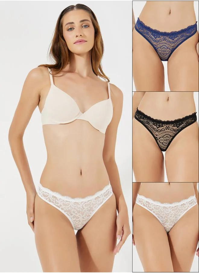 Styli Pack of 3 - All Over Floral Lace Scalloped Edge Thongs