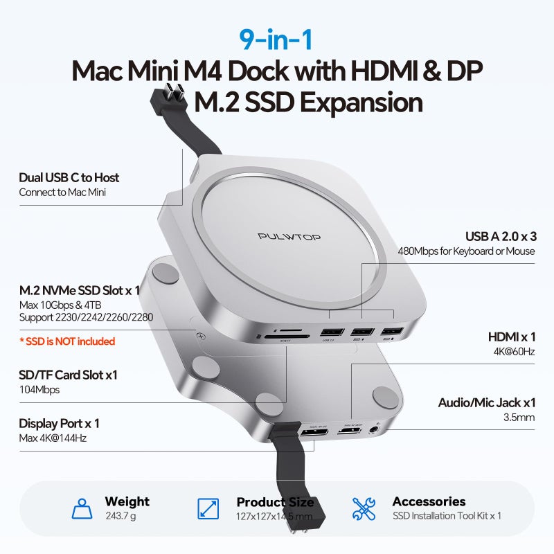 PULWTOP Mac Mini M4 Dock Stand with DP 4K 144Hz & HDMI 4K 60Hz, Mac Mini M4 Pro Hub with 4TB NVMe SSD Enclosure (SSD NOT Included), 3 USB A 2.0, SD/TF 3.0, 3.5mm Audio/Mic, USB C Hub for Mac Mini 2024 - Image 2